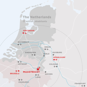 Map of the Netherlands with major surrounding cities marked